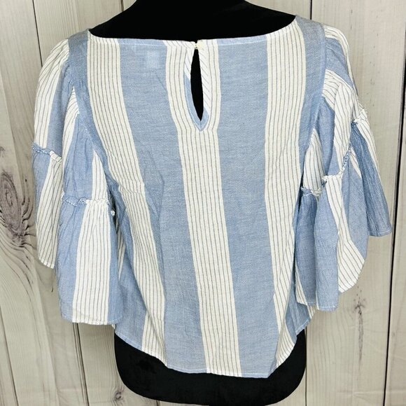 AMERICAN EAGLE Womens Sz S Blue White Striped Chambray Top Bell Sleeves Cropped - Picture 6 of 8